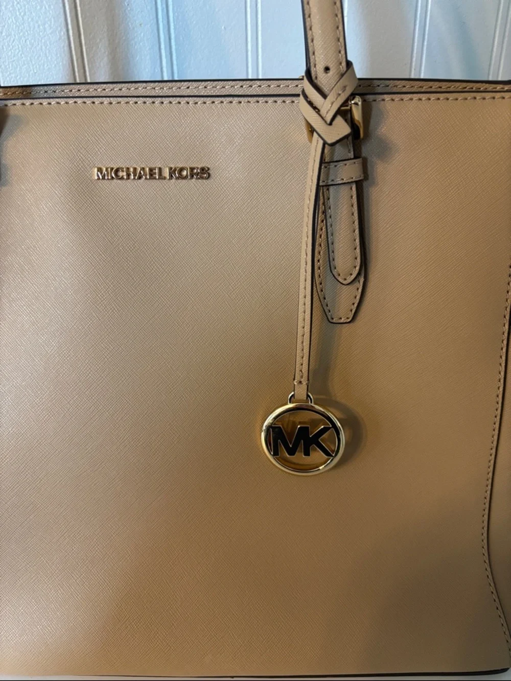 Michael Kors Gilly Camel Leather Tote with Gold MK Charm